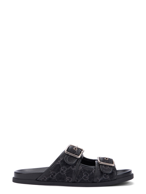 Denim slider sandal with buckles