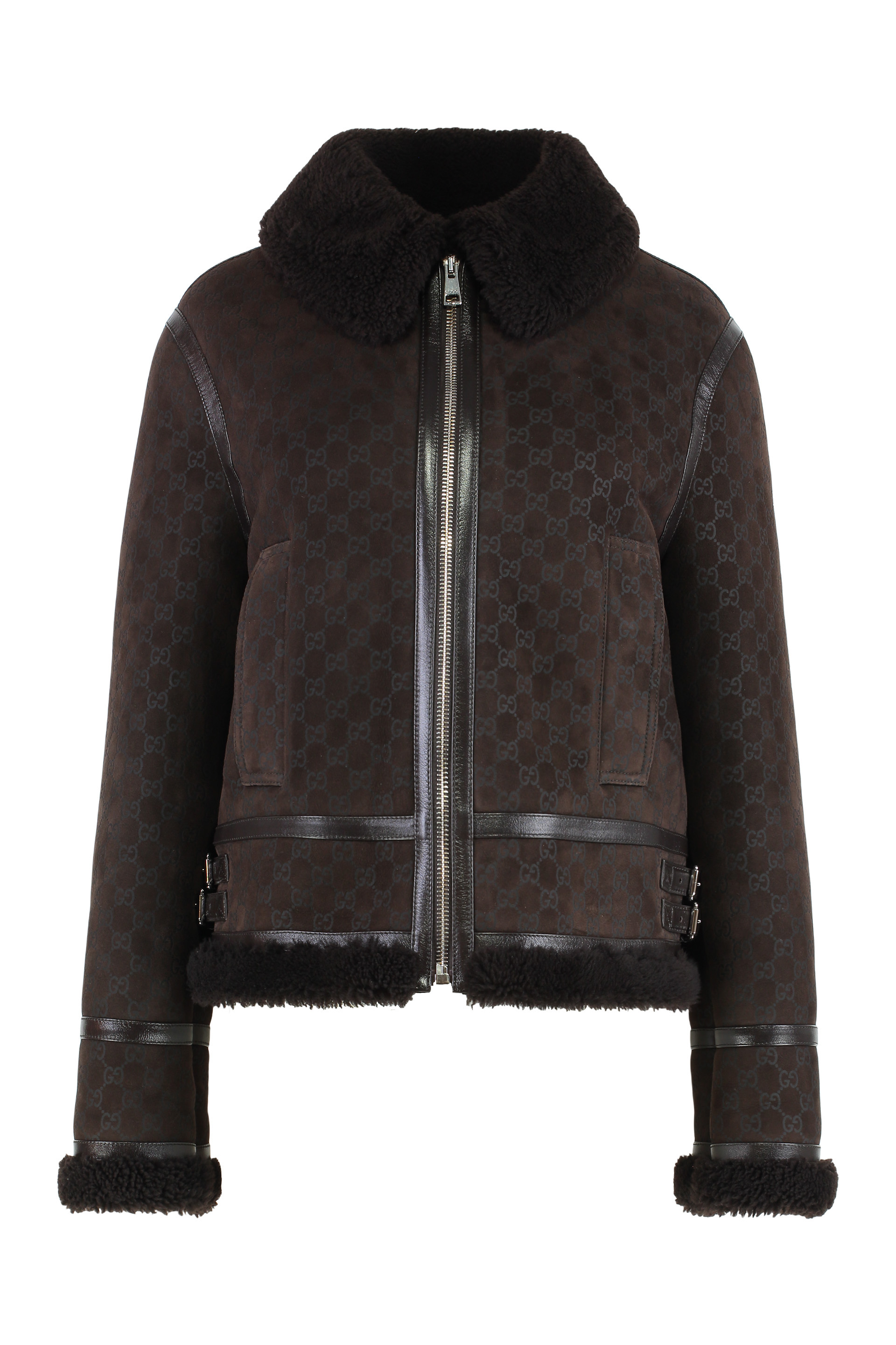 Leather jacket in printed suede and shearling