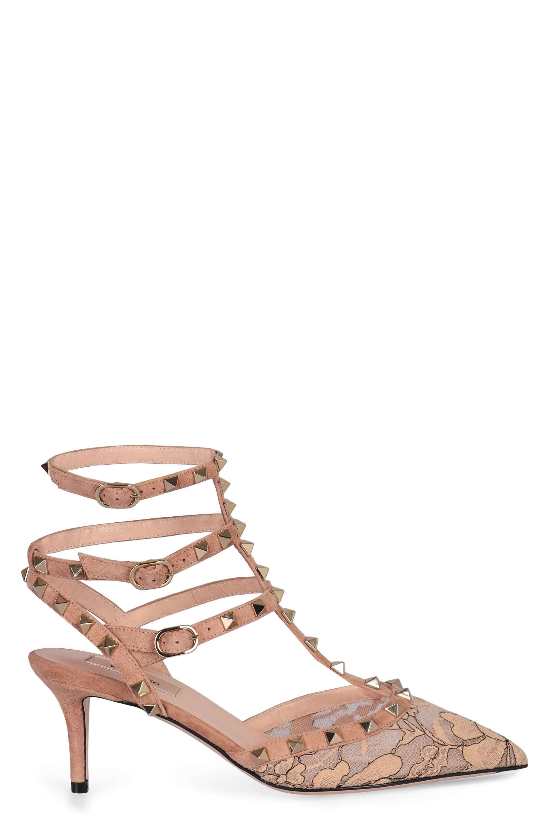 Rockstud suede and lace décolleté