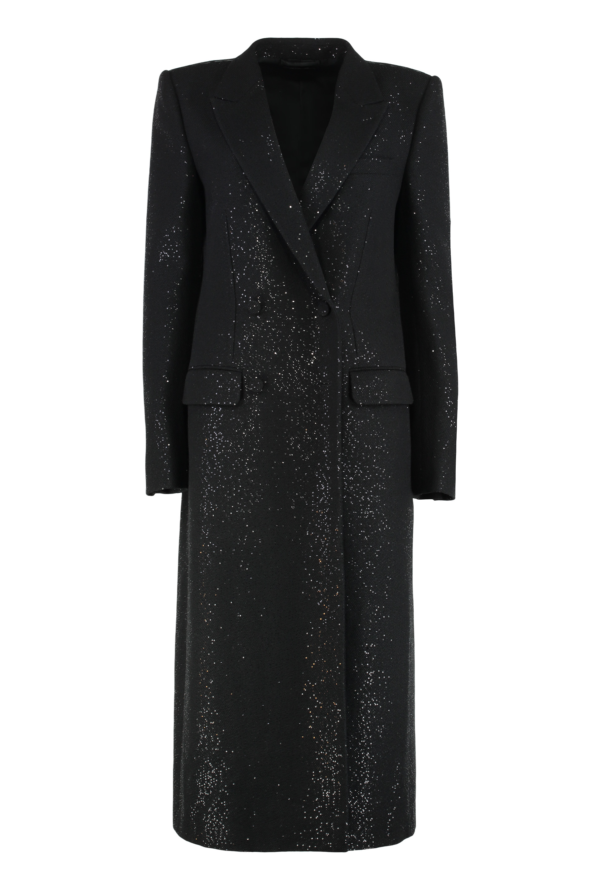 Double-breasted coat in crepe wool blend with sequins