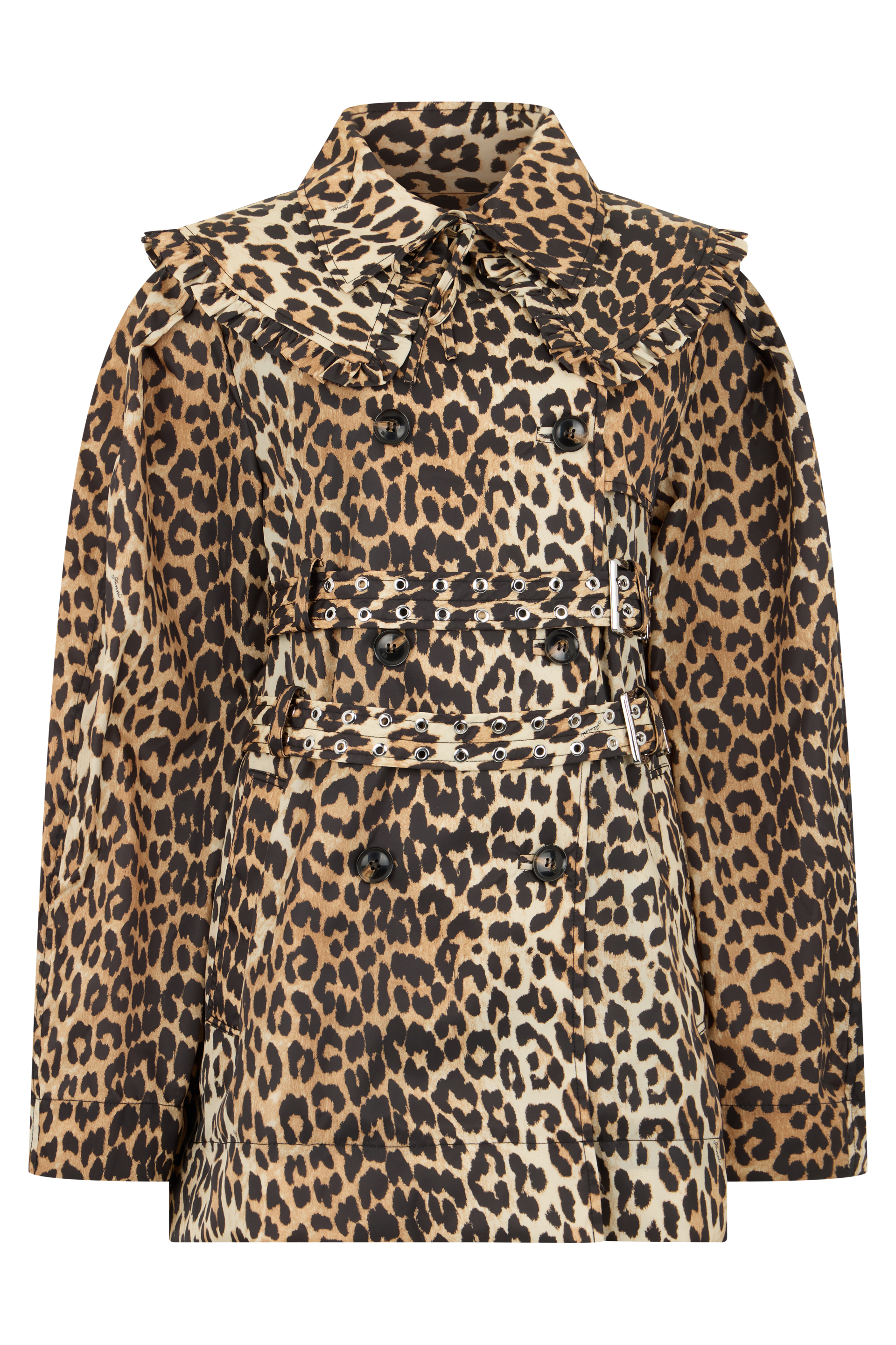 Short leopard coat with double-breasted closure
