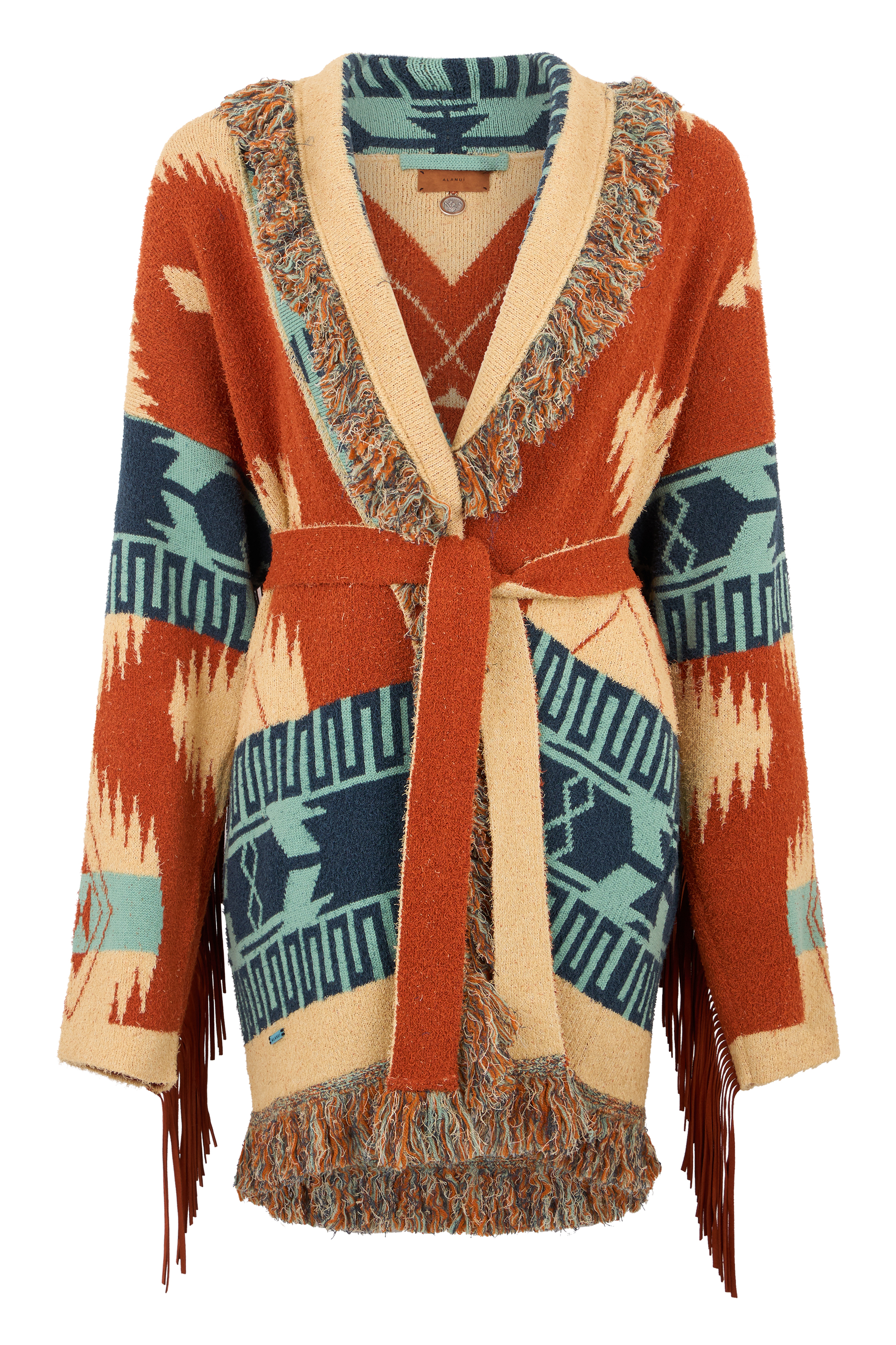 Cardigan with ethnic patterns and fringes