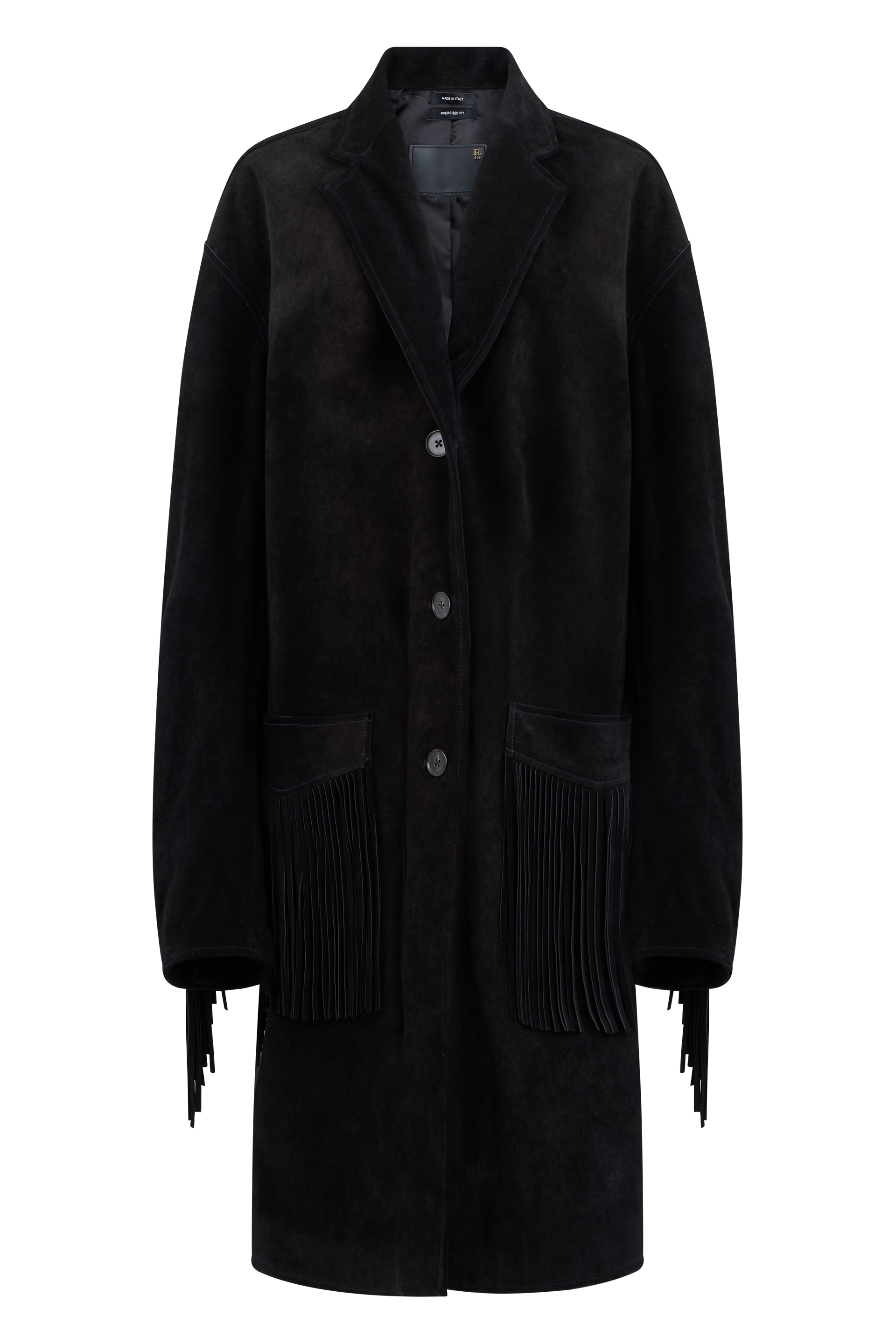 Single-breasted suede coat with fringes