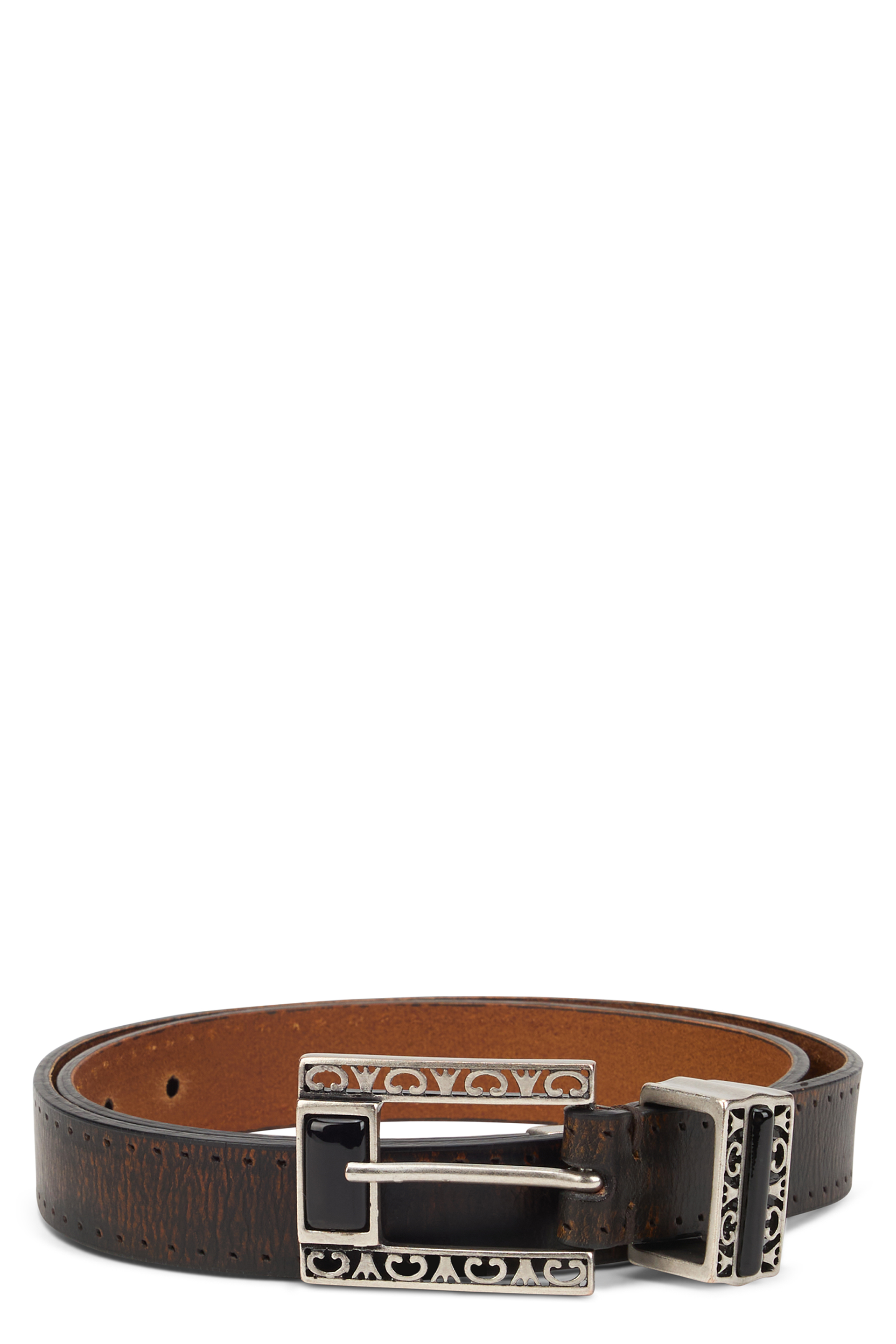 Leather belt with decorated buckle