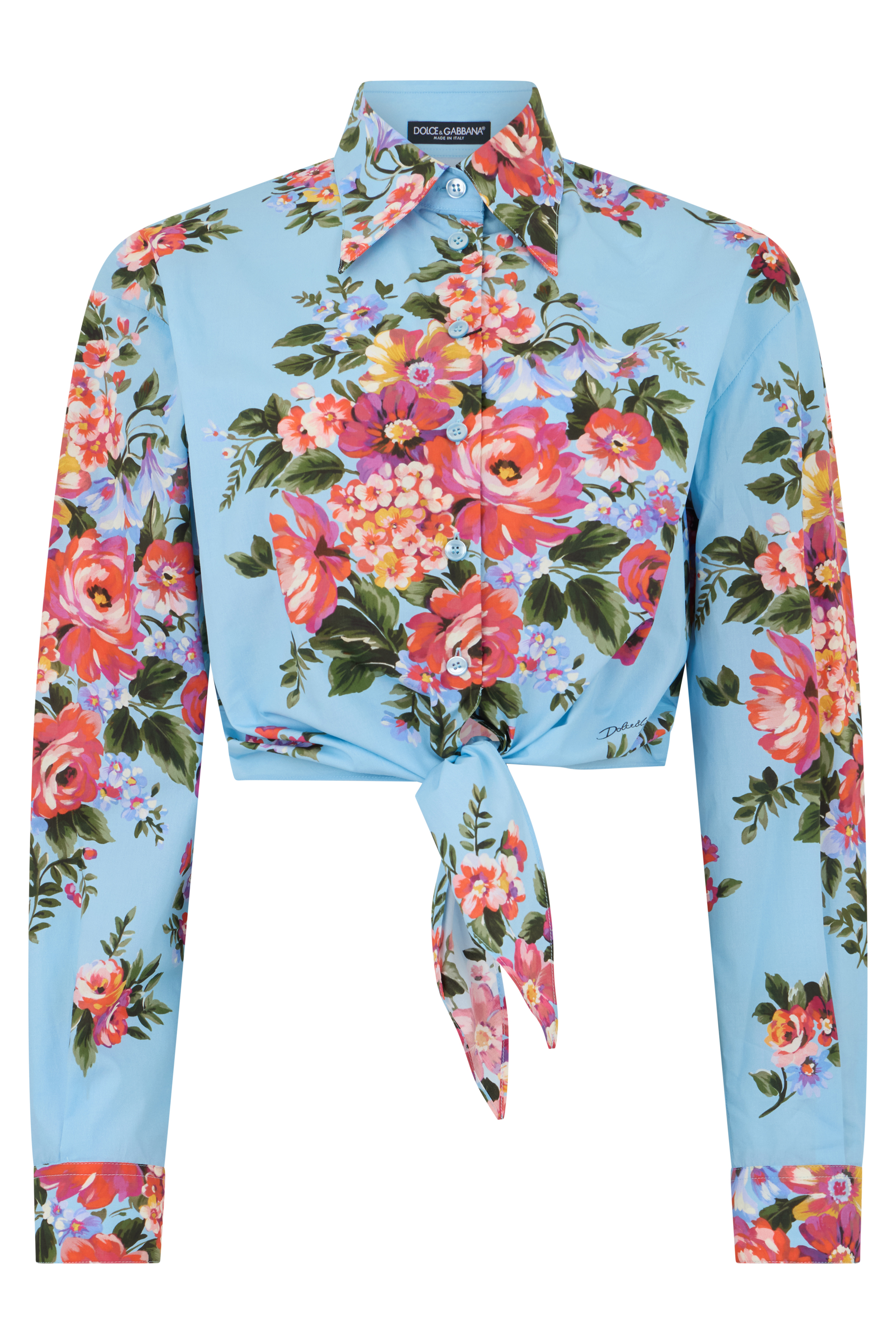 Blue cotton shirt with floral bouquet print