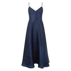 Long dark blue dress with elegant neckline