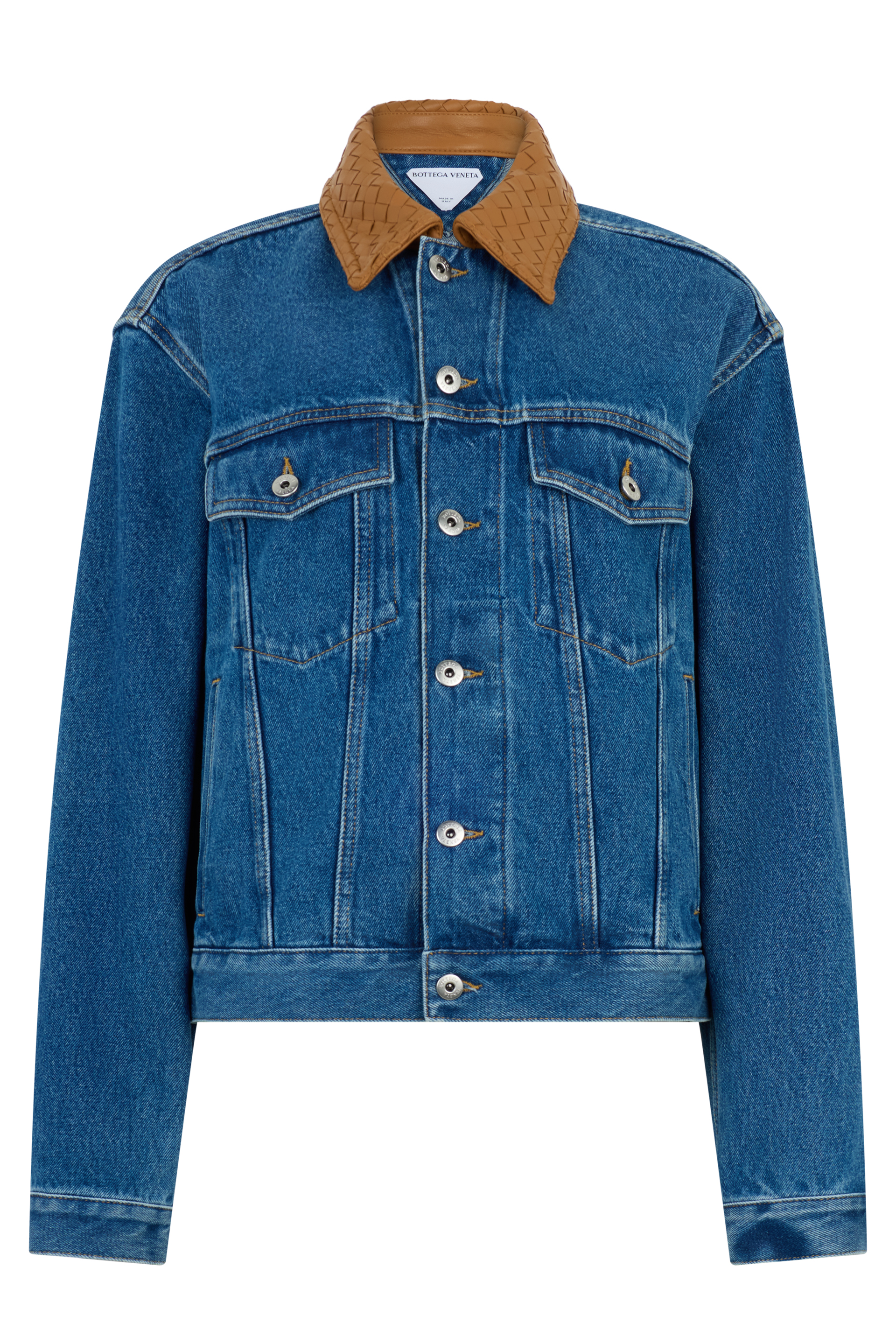 Denim jacket with braided leather collar