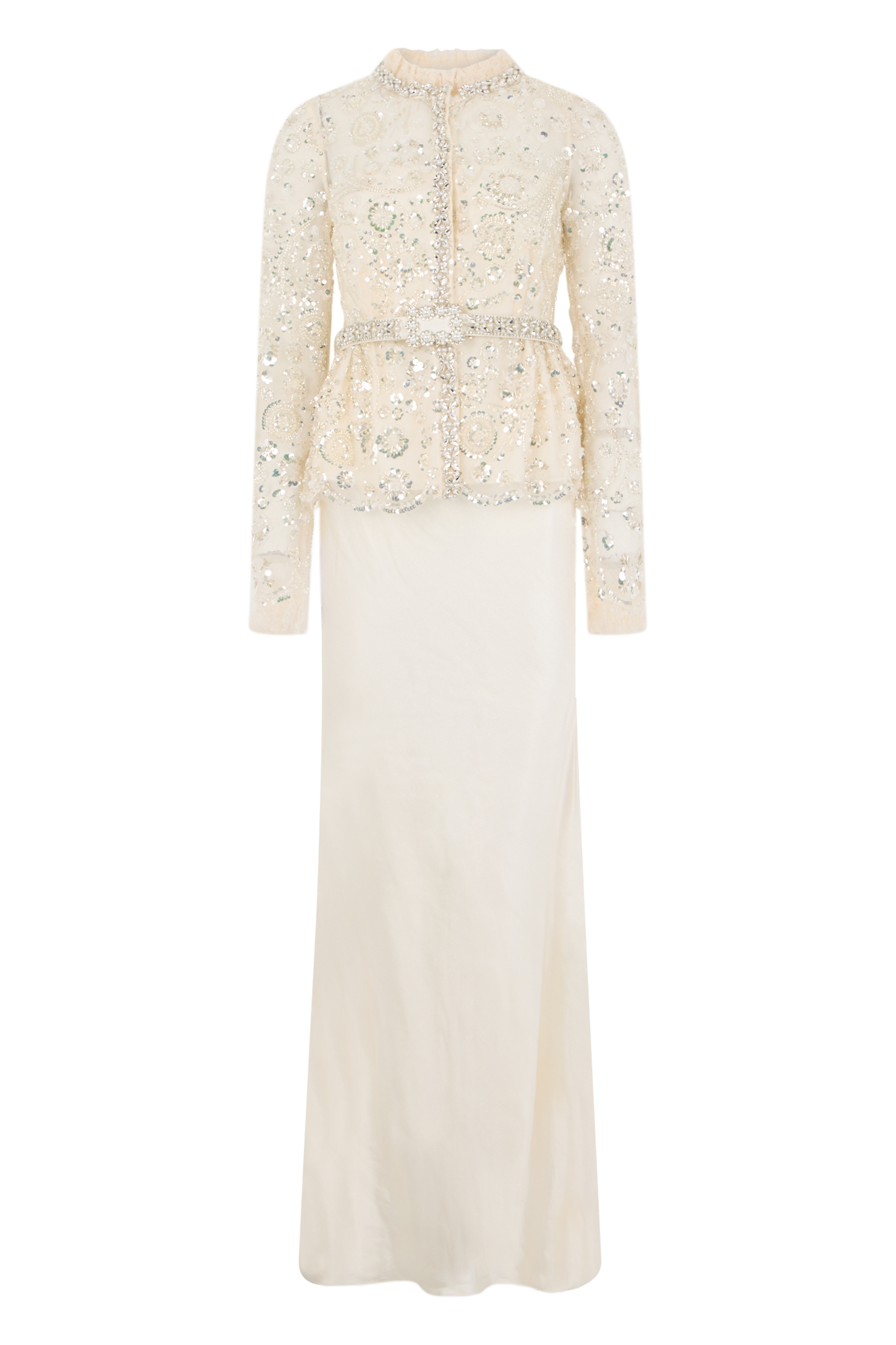 Long dress with sequins and decorative jewelry